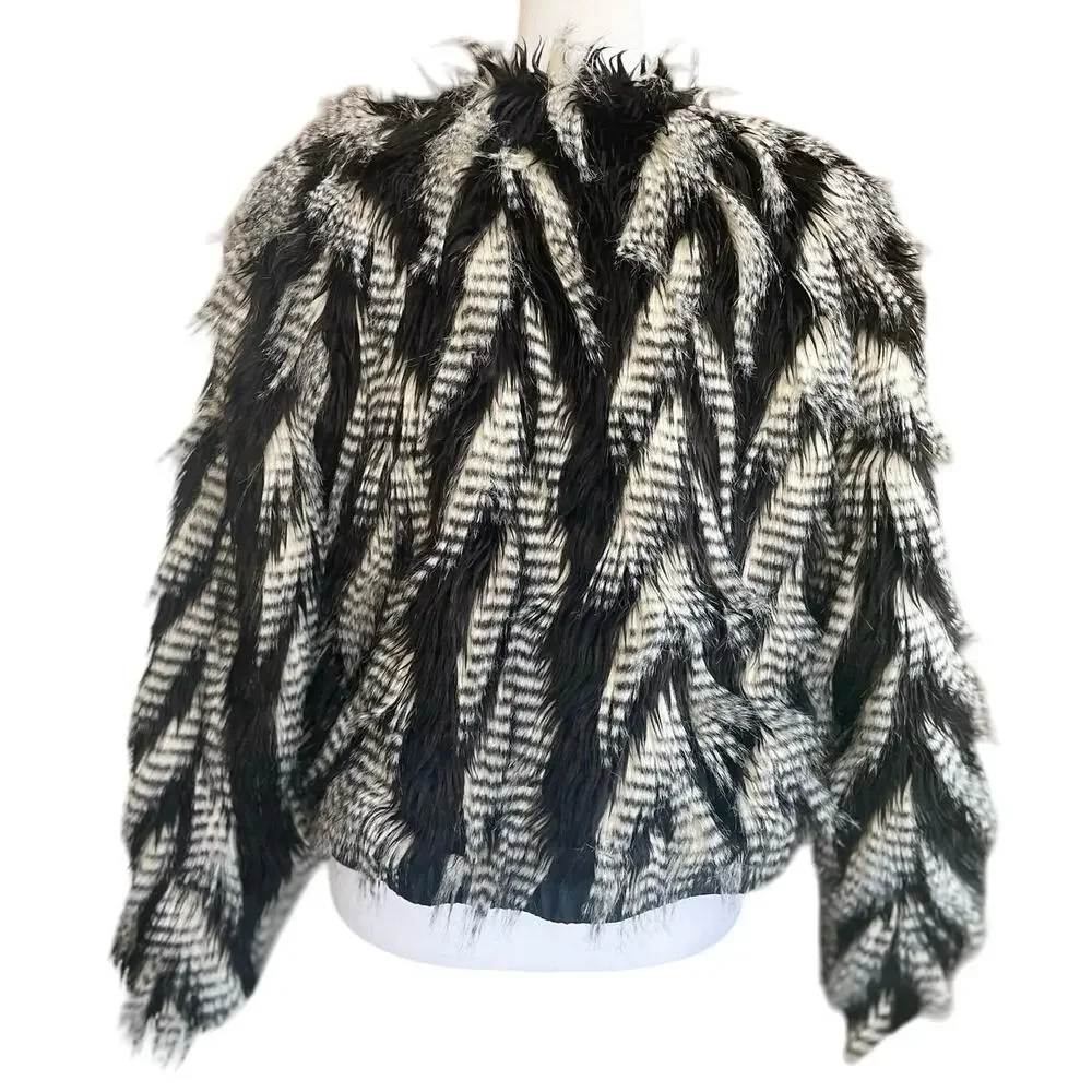 Leith Black and White Faux Fur Feathered Jacket - Picture 2 of 4